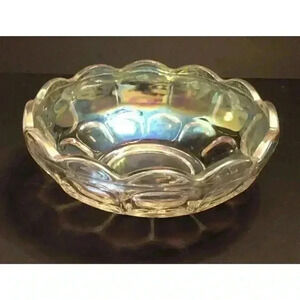 VTG Federal Yorktown Clear Iridescent Carnival Glass Bowl Grannycore Scalloped